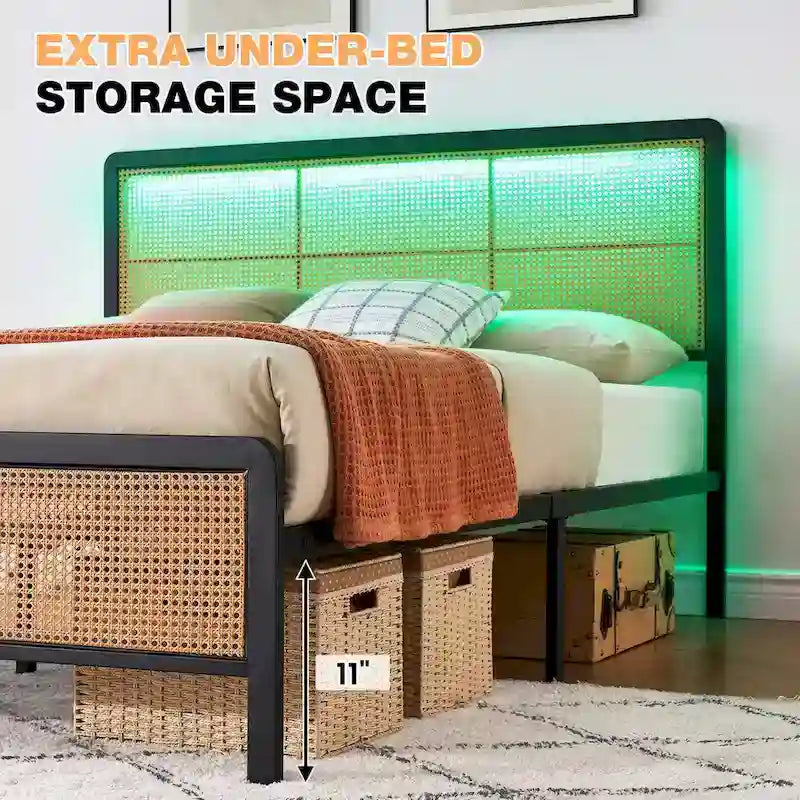 Modern Style Cane Boho Bed Frames with Led Light