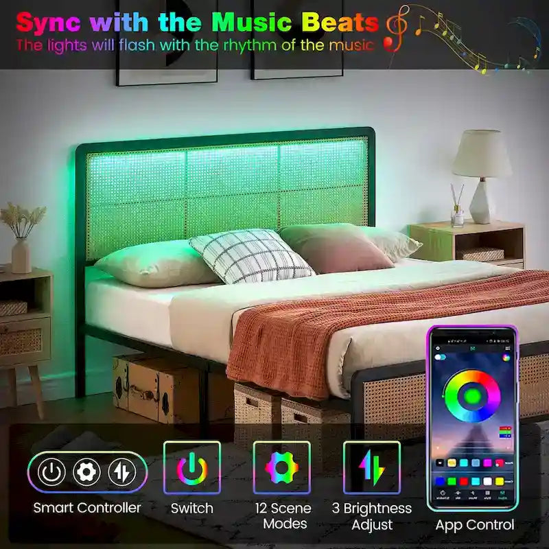 Modern Style Cane Boho Bed Frames with Led Light