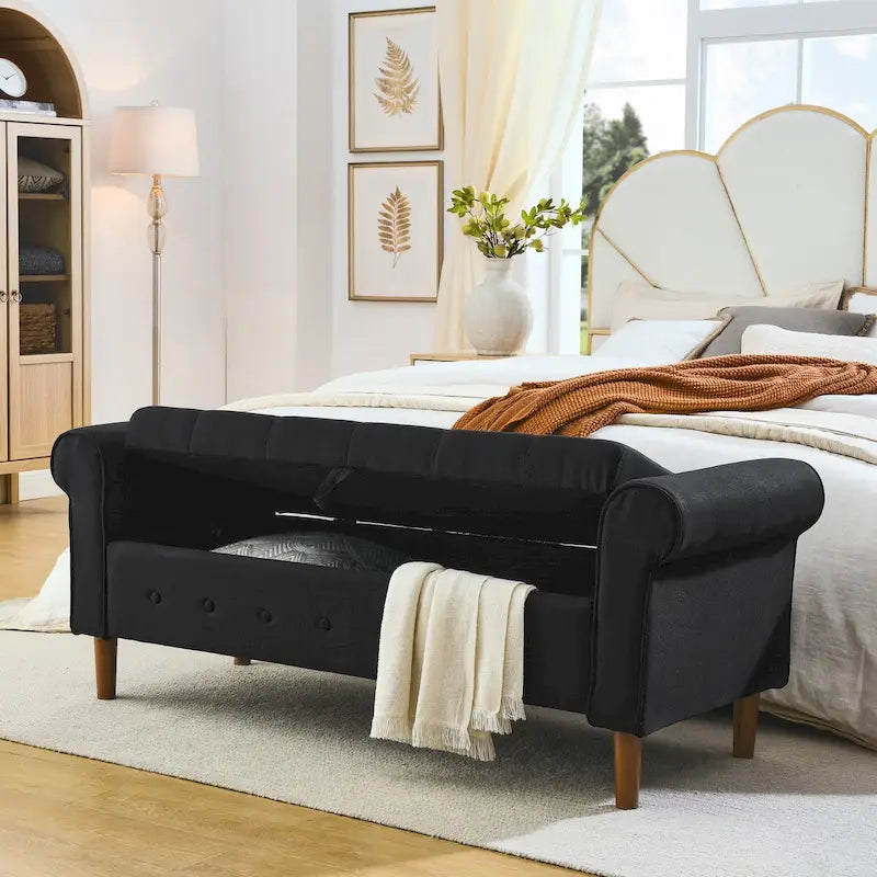 62 Bedroom Tufted Button Storage Bench, Modern Fabric Upholstered Ottoman, Window Bench, Rolled Arm Design for Bedroom
