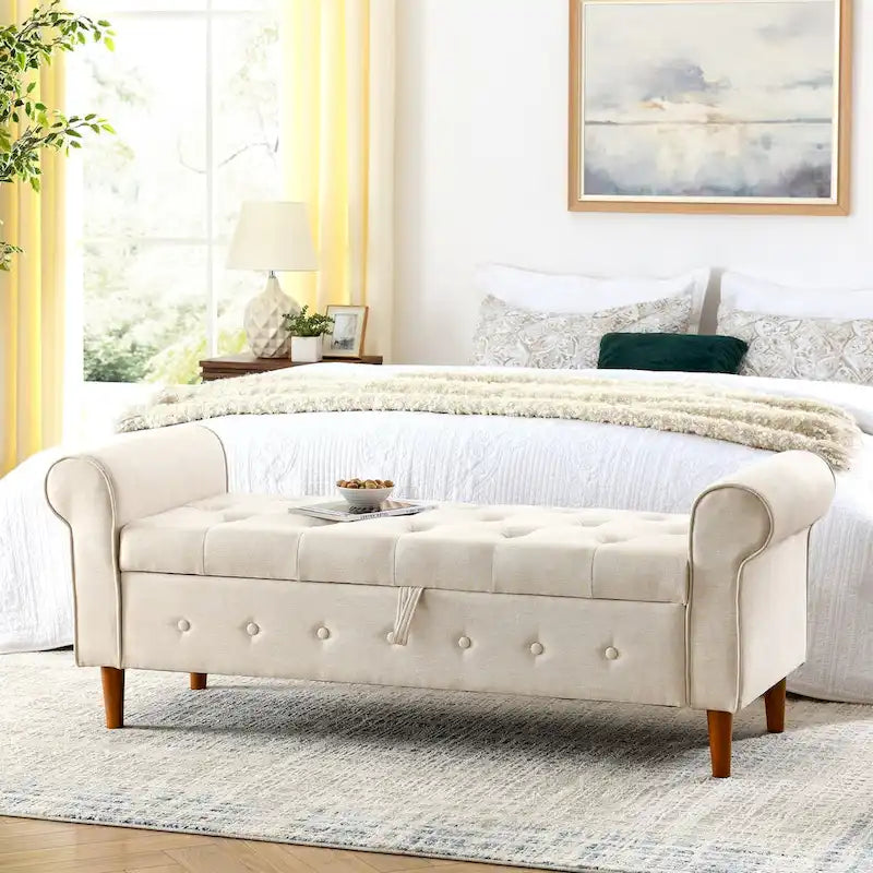 62 Bedroom Tufted Button Storage Bench, Modern Fabric Upholstered Ottoman, Window Bench, Rolled Arm Design for Bedroom