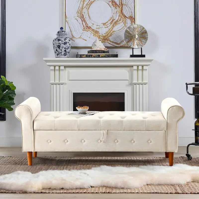 62 Bedroom Tufted Button Storage Bench, Modern Fabric Upholstered Ottoman, Window Bench, Rolled Arm Design for Bedroom