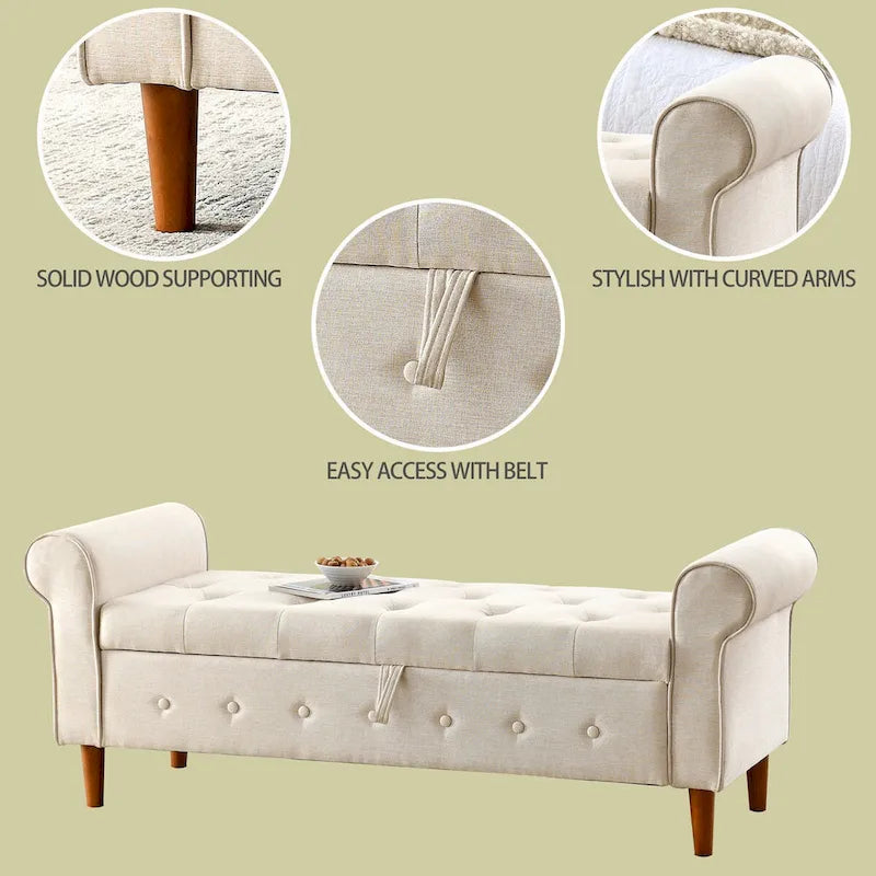 62 Bedroom Tufted Button Storage Bench, Modern Fabric Upholstered Ottoman, Window Bench, Rolled Arm Design for Bedroom