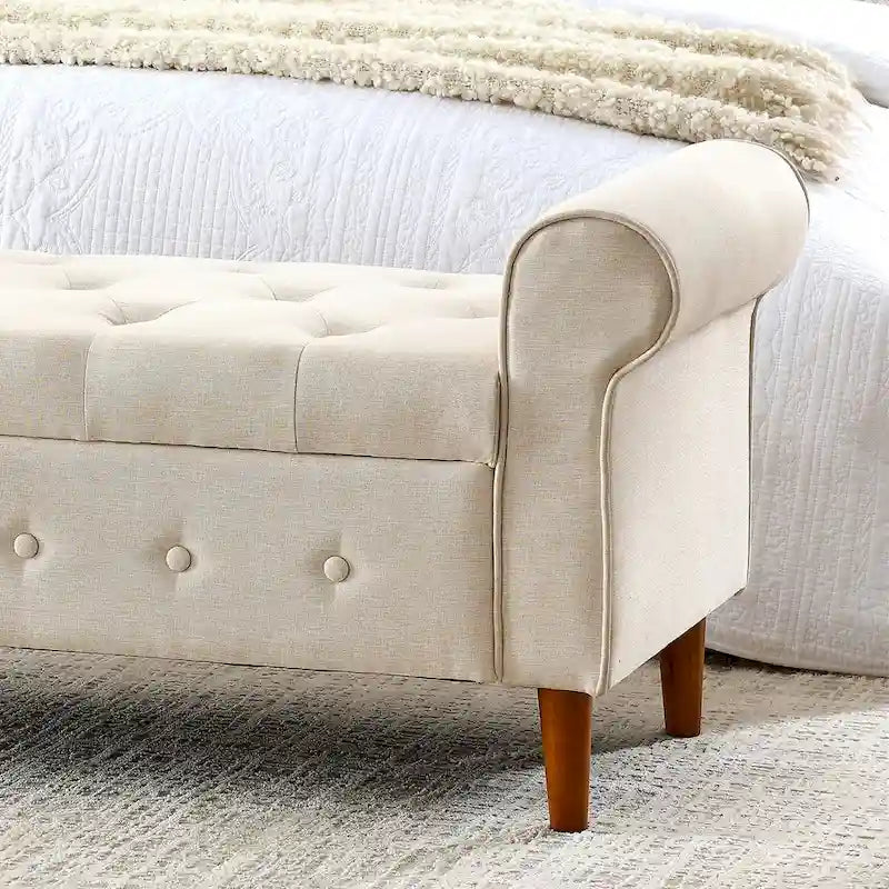 62 Bedroom Tufted Button Storage Bench, Modern Fabric Upholstered Ottoman, Window Bench, Rolled Arm Design for Bedroom