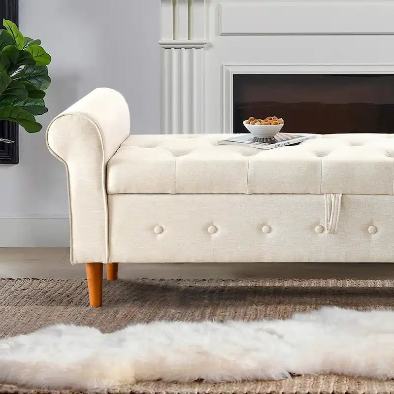 62 Bedroom Tufted Button Storage Bench, Modern Fabric Upholstered Ottoman, Window Bench, Rolled Arm Design for Bedroom
