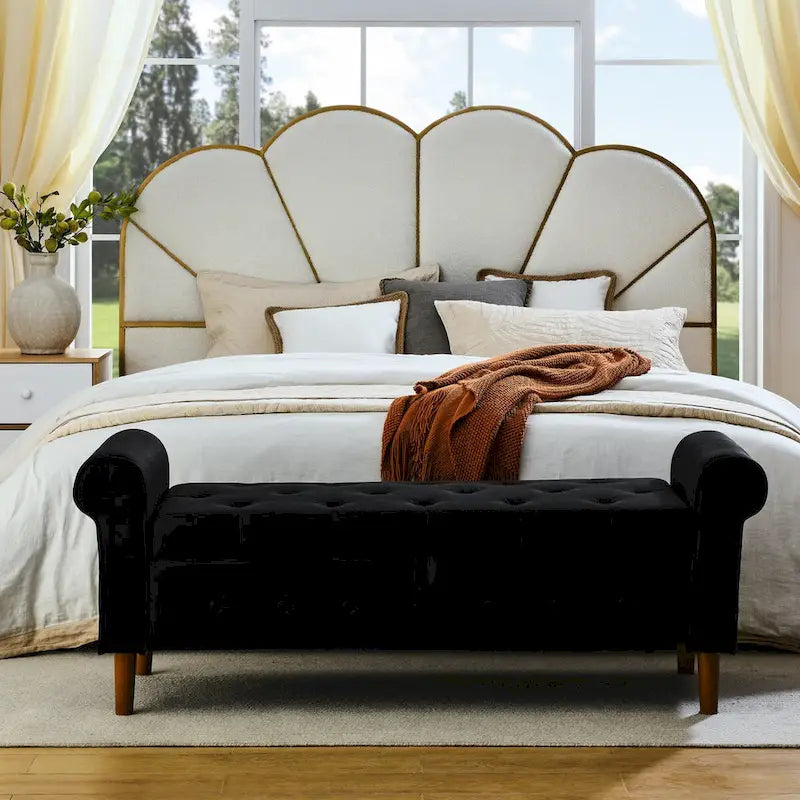 62 Bedroom Tufted Button Storage Bench, Modern Fabric Upholstered Ottoman, Window Bench, Rolled Arm Design for Bedroom