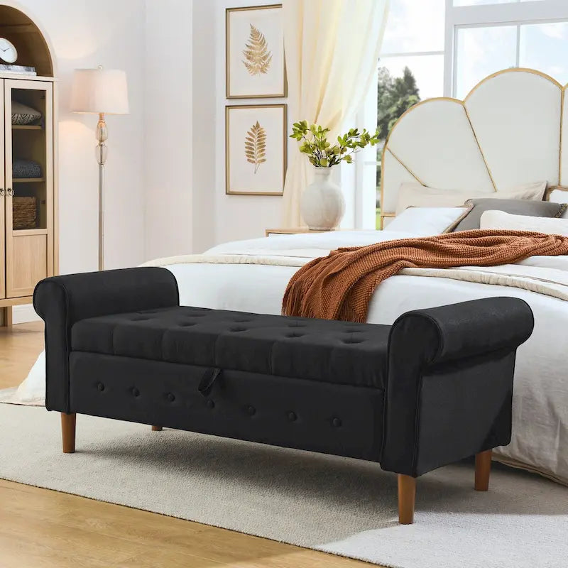 62 Bedroom Tufted Button Storage Bench, Modern Fabric Upholstered Ottoman, Window Bench, Rolled Arm Design for Bedroom