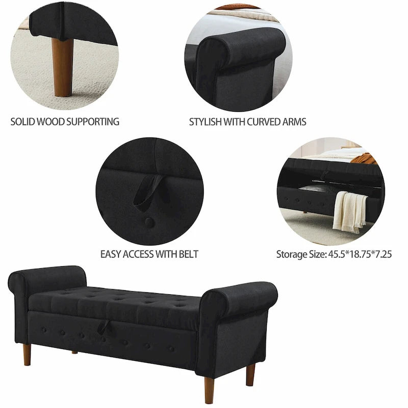62 Bedroom Tufted Button Storage Bench, Modern Fabric Upholstered Ottoman, Window Bench, Rolled Arm Design for Bedroom