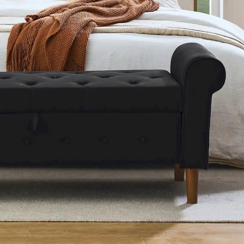 62 Bedroom Tufted Button Storage Bench, Modern Fabric Upholstered Ottoman, Window Bench, Rolled Arm Design for Bedroom