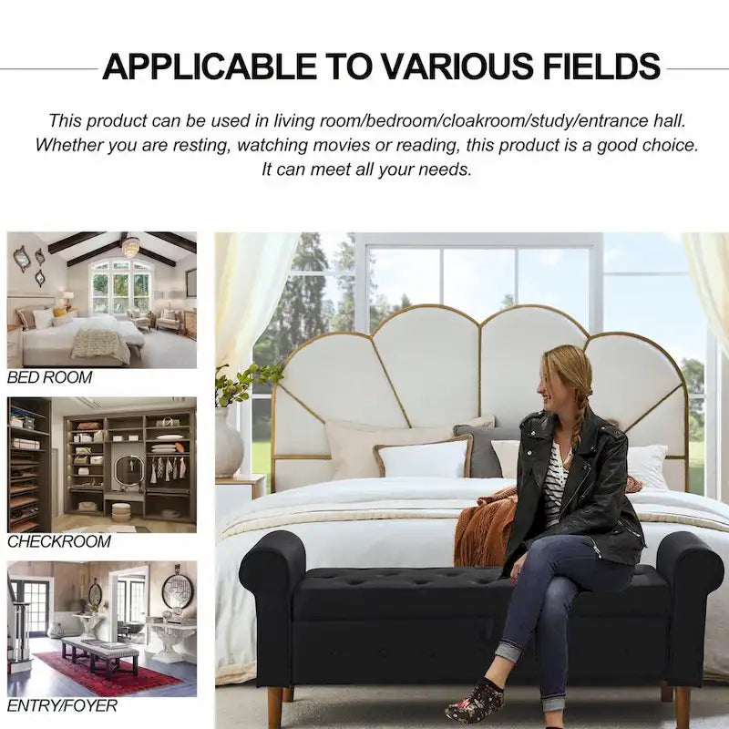 62 Bedroom Tufted Button Storage Bench, Modern Fabric Upholstered Ottoman, Window Bench, Rolled Arm Design for Bedroom