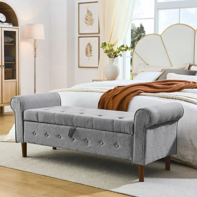 62 Bedroom Tufted Button Storage Bench, Modern Fabric Upholstered Ottoman, Window Bench, Rolled Arm Design for Bedroom