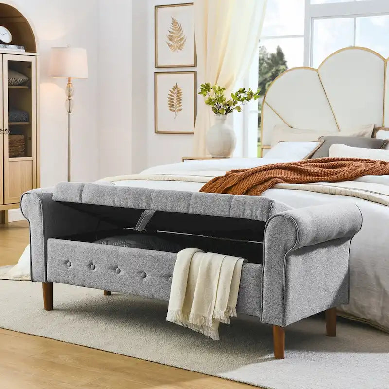 62 Bedroom Tufted Button Storage Bench, Modern Fabric Upholstered Ottoman, Window Bench, Rolled Arm Design for Bedroom
